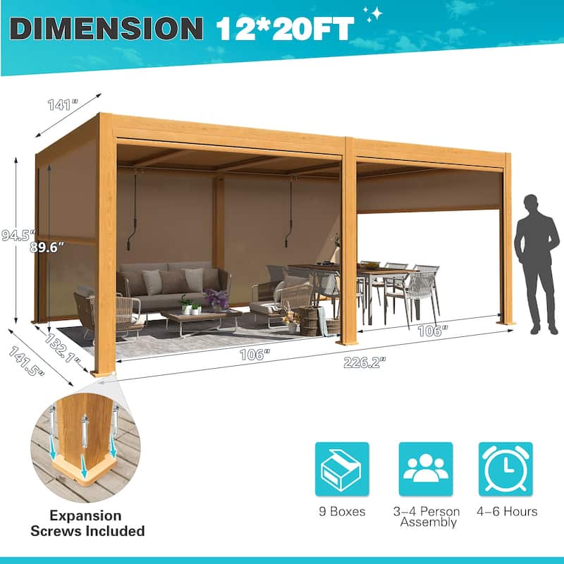 EROMMY Outdoor Louvered Pergola Gazebo with Adjustable Aluminum Rainproof Roof and Pull-Down Screen