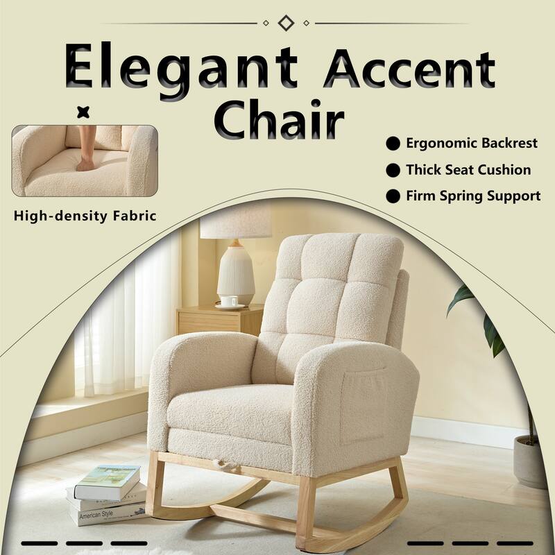 Modern Accent Rocking Chair with High Backrest, Adjustable Footrest & Side Pocket