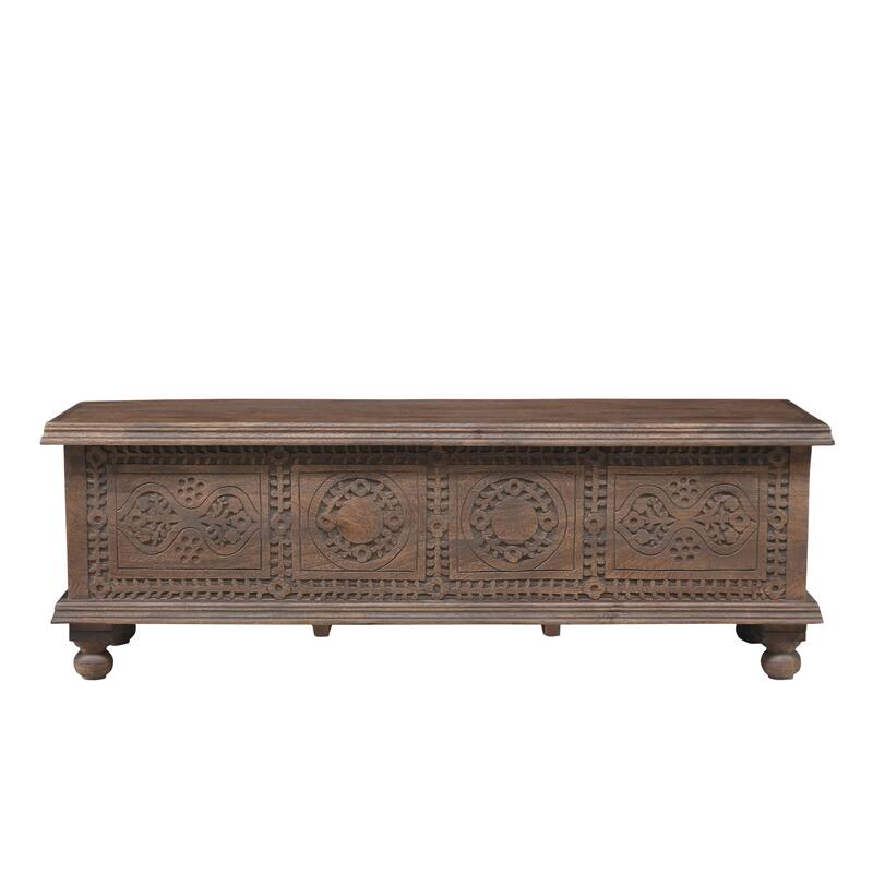 HomeRoots 54" Brown Solid Wood Medallion Storage Ottoman