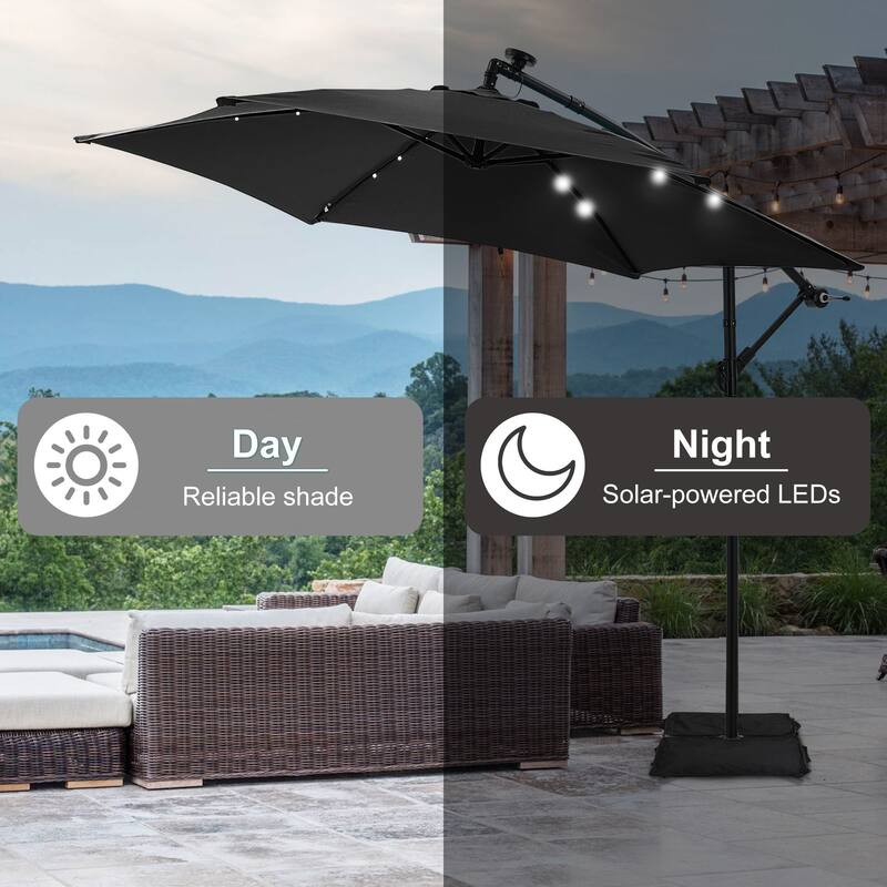 Autlaycil 10ft Offset Hanging Market Patio Umbrella With Base&Solar Lights