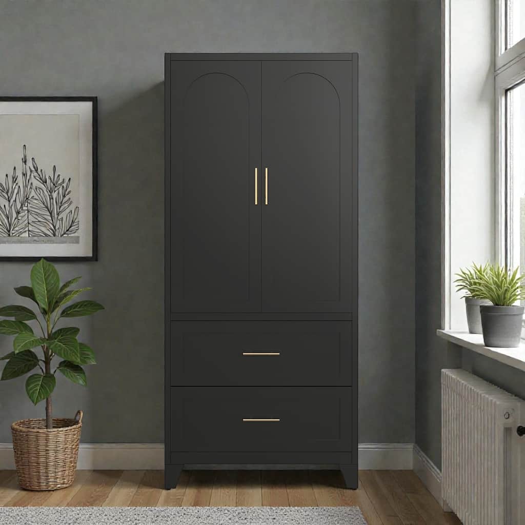 71 Inch Tall Metal Wardrobe Cabinet with 2 Drawers and Hanging Rod, 2 Door Steel Closet with Shelf for Bedroom