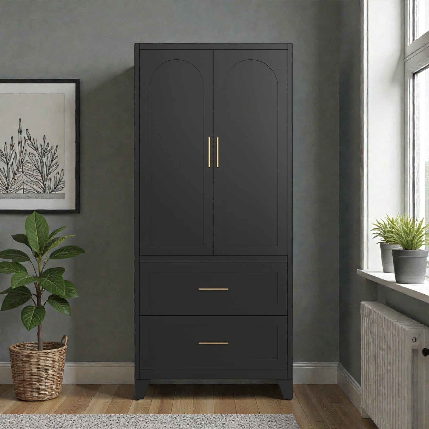 71 Inch Tall Metal Wardrobe Cabinet with 2 Drawers and Hanging Rod, 2 Door Steel Closet with Shelf for Bedroom