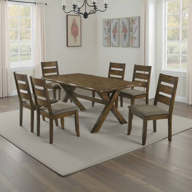 Siny 7pc Dining Table Set, Nutmeg Brown Finish, 6 Padded Side Chairs