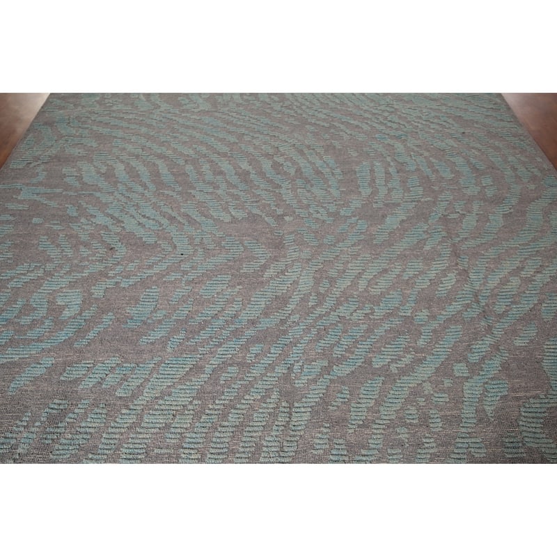 Grey Blue Moroccan Abstract Area Rug Hand-Knotted Wool Carpet - 9'0"x 12'7"