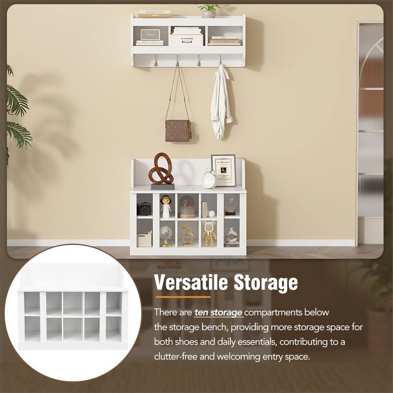 Entryway Wood Storage Bench with Shoe Storage,Wall Mounted Hall Tree with Coat Rack and Shelves