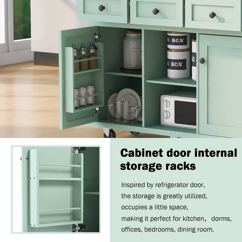 Roomfitters Kitchen Cart with Rubber wood Drop-Leaf Countertop, 5-Wheel Kitchen Island with Storage Cabinet & 3 Drawers
