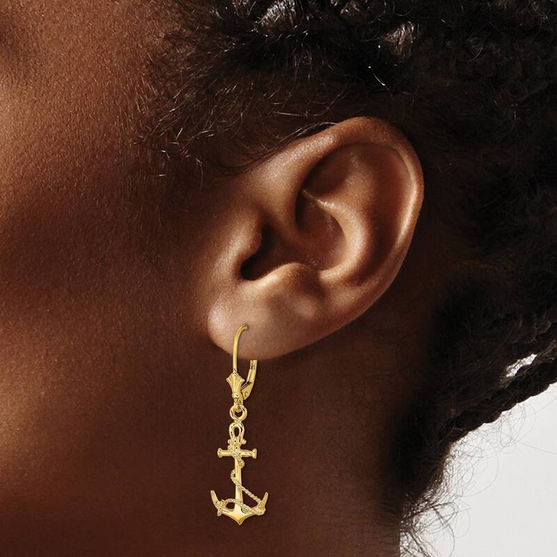 Curata 14k Gold 3 d Nautical Ship Mariner Anchor With Shackle and Entwined Rope Leverback Earrings - 37.5mm long
