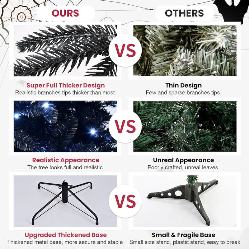 Pre-Lit Black Artificial Tree - White LED Lights, PE+PVC Branches, Halloween/Christmas