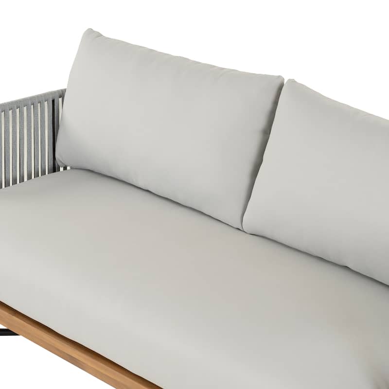 Roomfitters Outdoor Acacia Wood Rope Woven Loveseat with Coffee Table, Durable Frame and Cozy Cushions