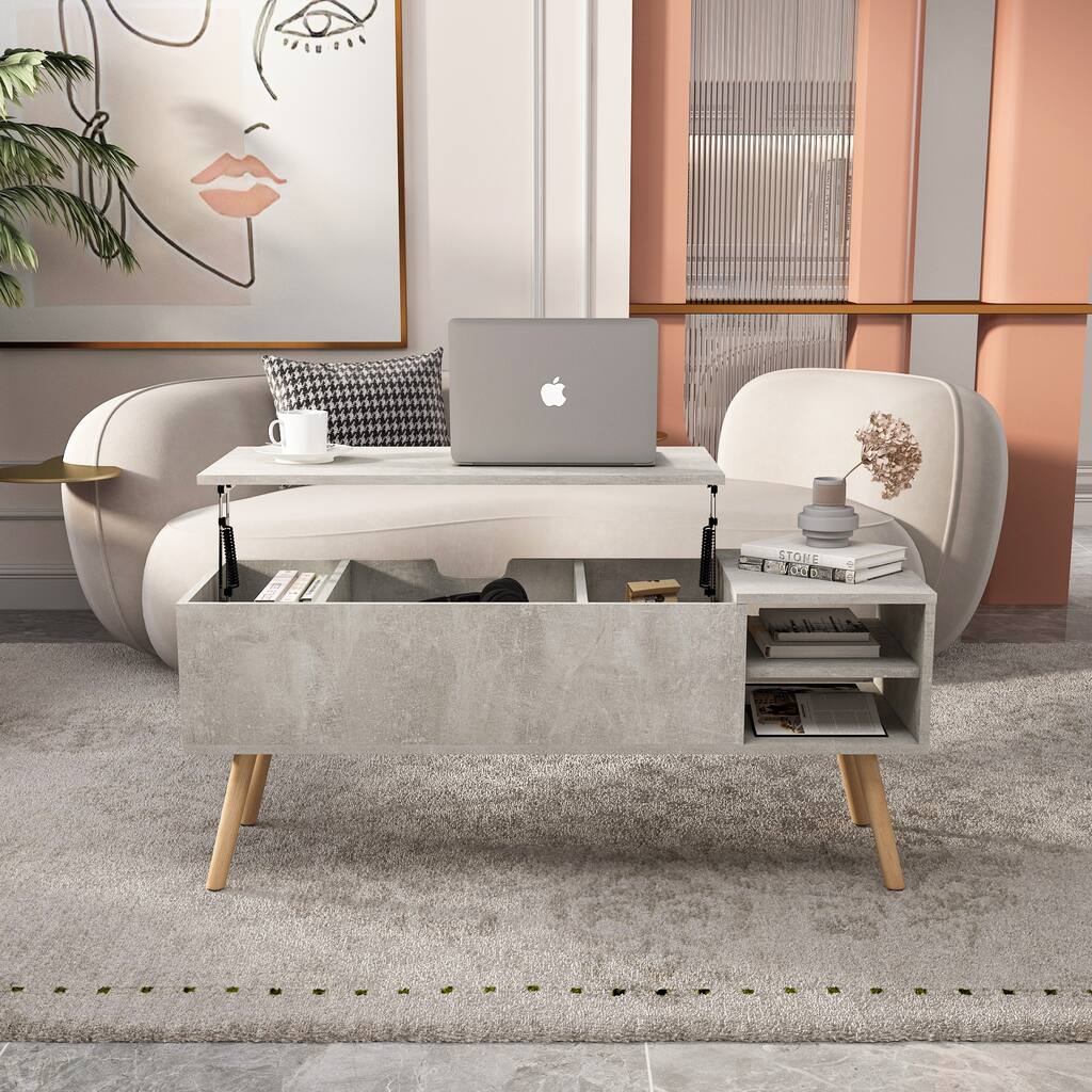 Solid Wood Legs Coffee Table,with Open and Adjustable Storage Shelf