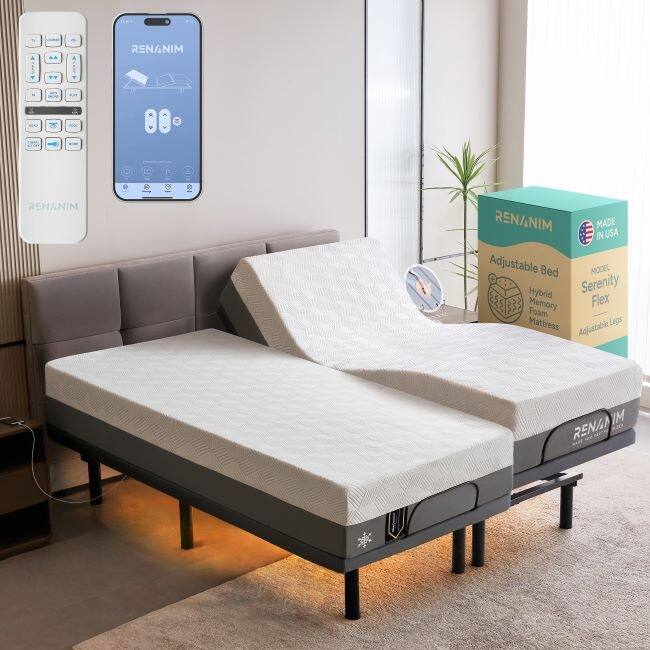 Renanim SF Adjustable Base w/ 12" Hybrid Mattress, Massage, USB, Underbed Light, App, Head & Foot Incline - Split King
