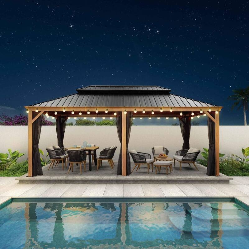 PURPLE LEAF Outdoor Gazebo Aluminum Frame Galvanized Steel Hardtop Gazebo with Bulbs