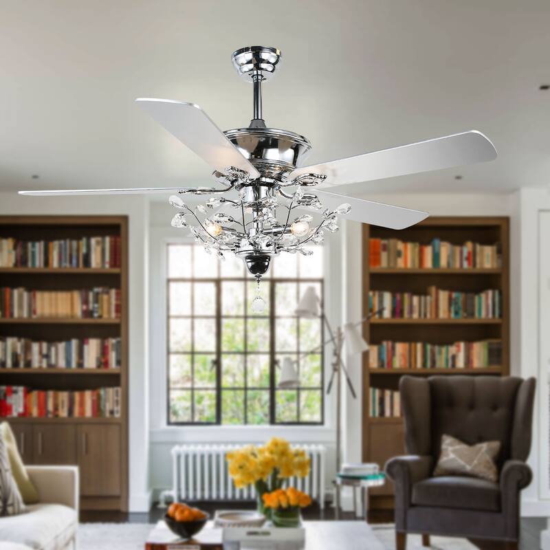 Oaks Aura 52in. Modern Royal Flora Glam Crystal Ceiling Fan 5 Reversible Blades Chandelier With Remote Control - Chrome
