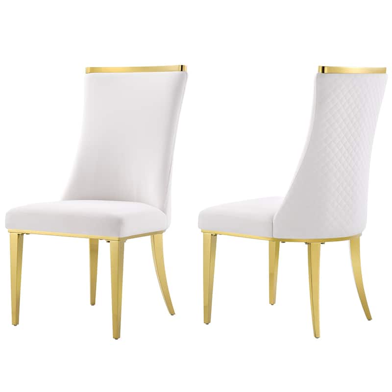 Luxurious White Velvet Upholstered Dining Chairs with Reticulate Texture Back and Polished Gold Metal Legs - Set of 2
