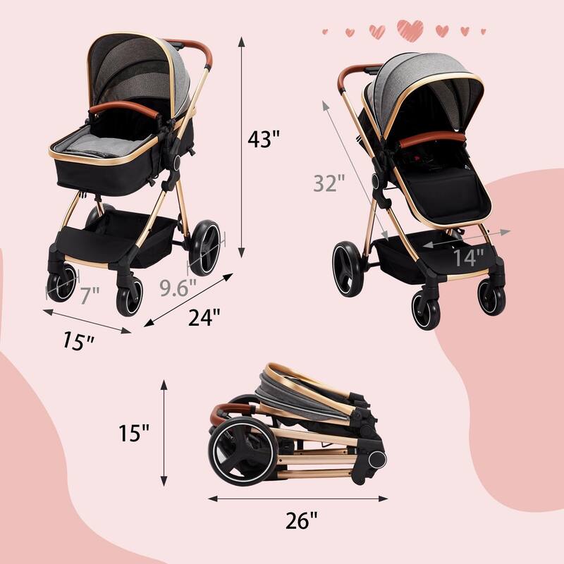 Convertible Baby Stroller, 3 in 1 Reversible Bassinet Stroller for Newborn