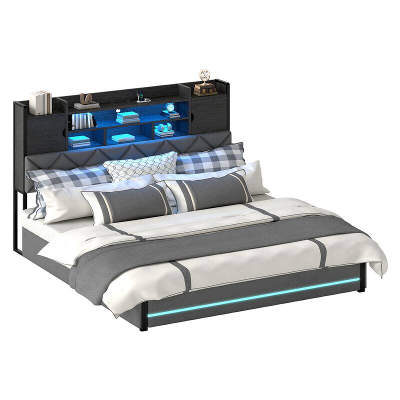 Velvet Upholstery Bed Frame With 4 Underbed Storage Drawer, LED Lights And Charging Station