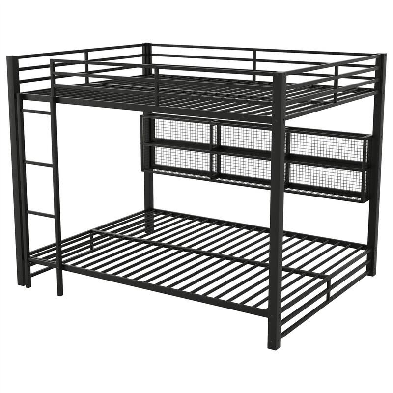 Queen Over Queen Size Bunk Bed with LED Light and Storage Cabinets, Metal Bunk Bed with Storage Shelves, Ladder and Guardrail