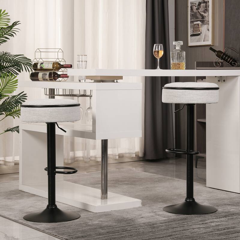 Adjustable Linen Bar Stools with Storage, Set of 2 Round Swivel Counter Height Stools, Modern Armless Bar Chairs for Kitchen