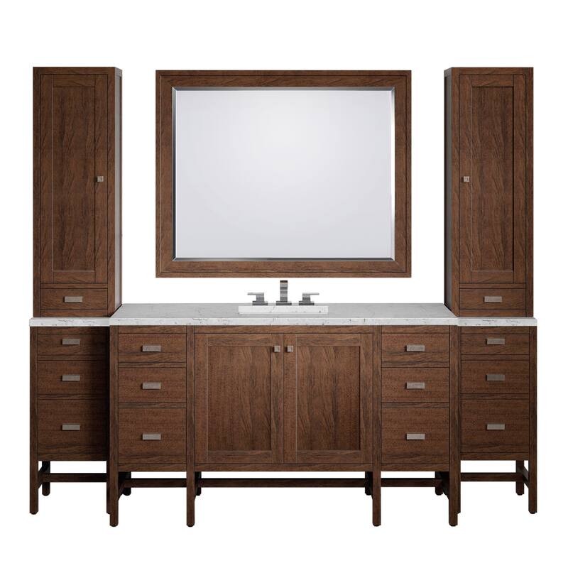James Martin Addison 90" Single Sink Bathroom Vanity Suite, Mid-Century Acacia with 3cm Eternal Jasmine Pearl Quartz Top