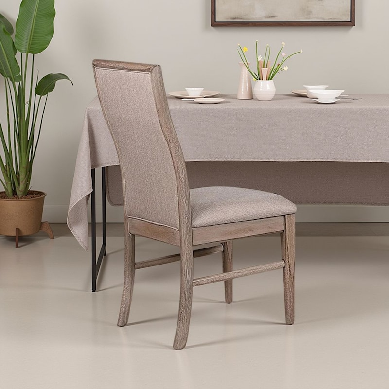 Elles Side Dining Chair Set of 2, Curved Backrest, Ash Wood, Beige Polyester