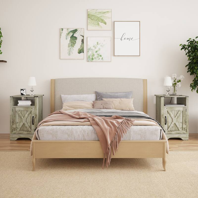 Farmhouse Nightstand Side Table, Wooden Rustic End Table, Tall Bedside Table with Electrical Outlets Charging Station(2 Sets)