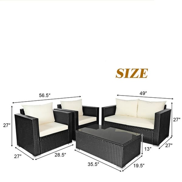 dimension image slide 1 of 3, Gymax 4PCS Rattan Patio Conversation Set Outdoor Furniture Set w/