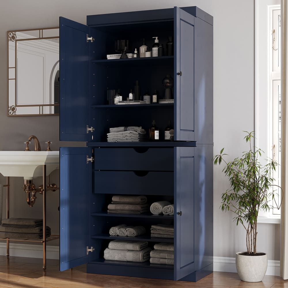 Solid Wood Tall Freestanding Bathroom Linen Cabinet with Doors & 2 Drawers, Adjustable Shelves, Modular Storage, 32" W x 71.5" H