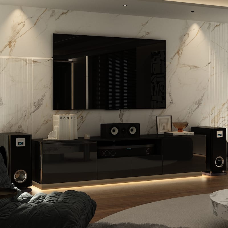 TV Stand LED Light High Gloss White TV Stand LED Entertainment Center - Black