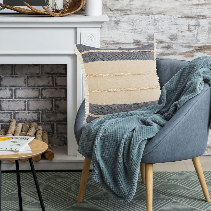 20" Tan and Blue Striped Square Throw Pillow with Jute Braiding