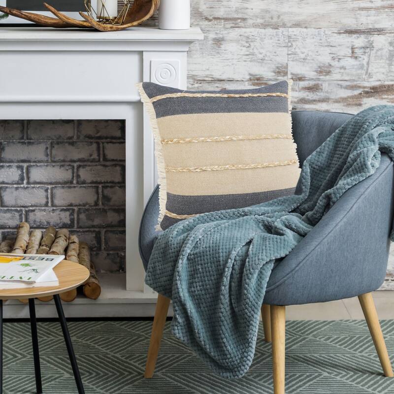 24" Tan and Blue Striped Square Throw Pillow with Jute Braiding