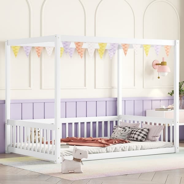 slide 2 of 11, White Full Size Pine Wood Canopy Frame Floor Bed with Fence and Guardrails for Bedroom Full - White