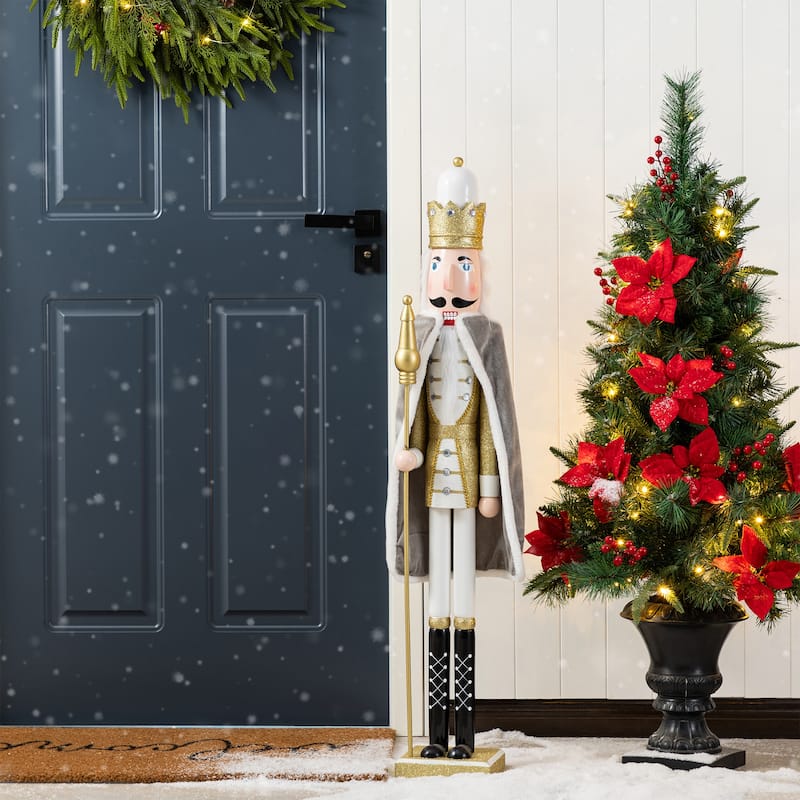 Glitzhome Set of 2 Wooden Christmas Gold Dressed King & Soldier Nutcrackers for Festive Party Fireplace Decor