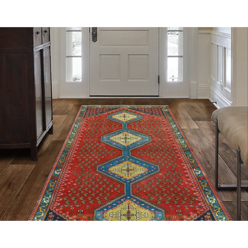 Vintage Distressed Saif Red/Blue-Grey Runner - 4'11" x 10'1"