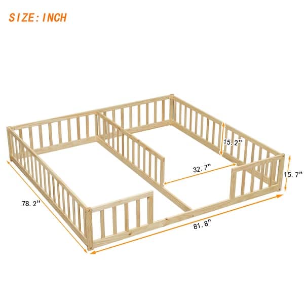 Kids Double Twin Size Floor Bed Frame with Guardrails, Natural