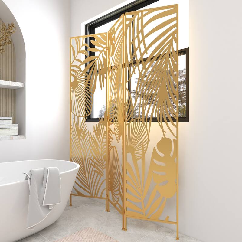 Gold Metal Foldable Partition Cutout Palm Leaf 3 Panel Leaf Partition Room Divider Screen