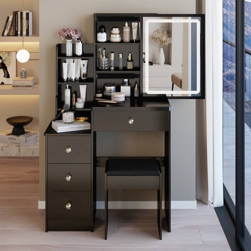 Compact Left Bedside Cabinet with Advanced LED Mirror and Ample Storage