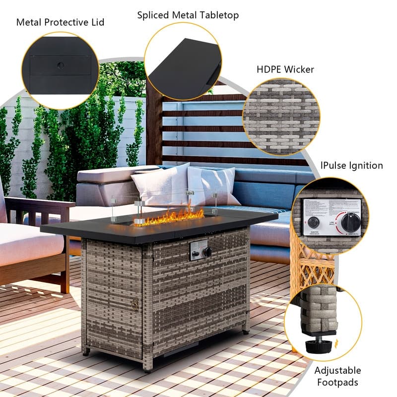 50,000 BTU 43 inch Outdoor Fire Pit Table Rattan with Cover - 43"x22.2"x24.8" WDH