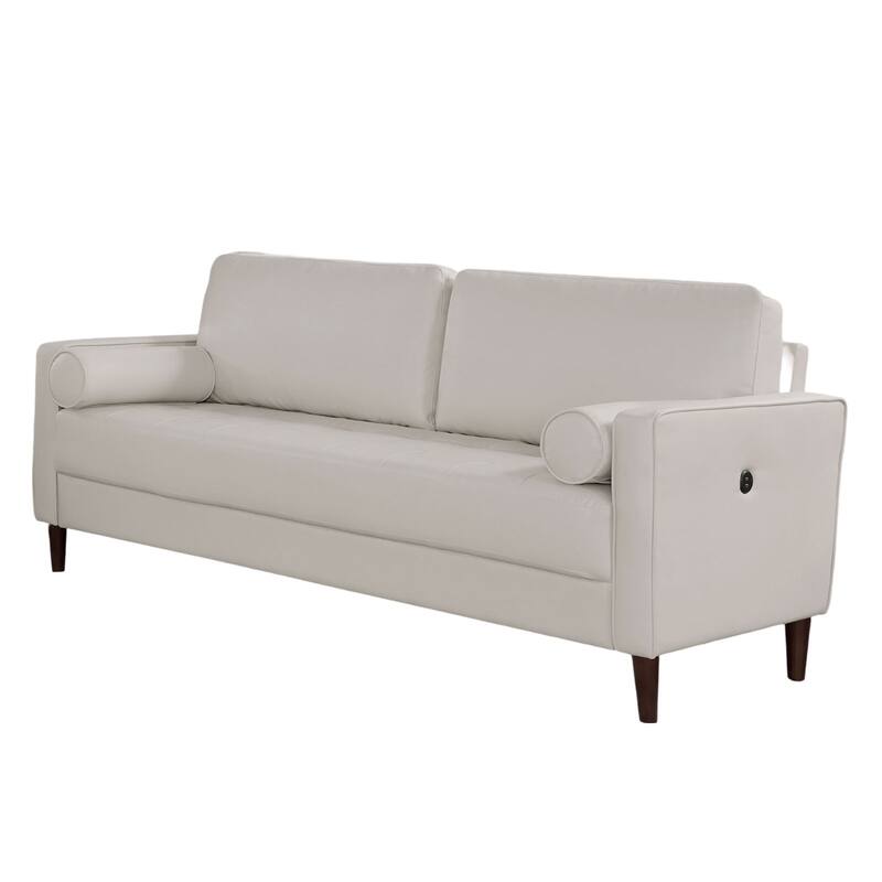 Contemporary Style Off-White 1Pc Sofa Leatherette Upholstered W Usb Bench Style Seating Bolster Pillows