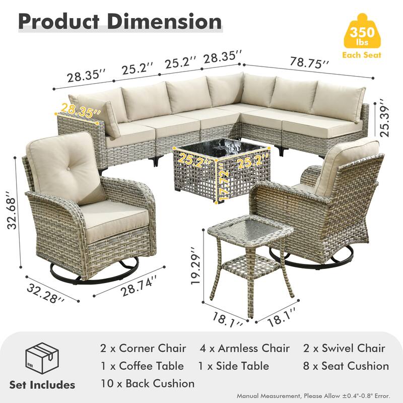 XIZZI 10-piece Patio Furniture Wicker Sectional Set with Swivel Chair