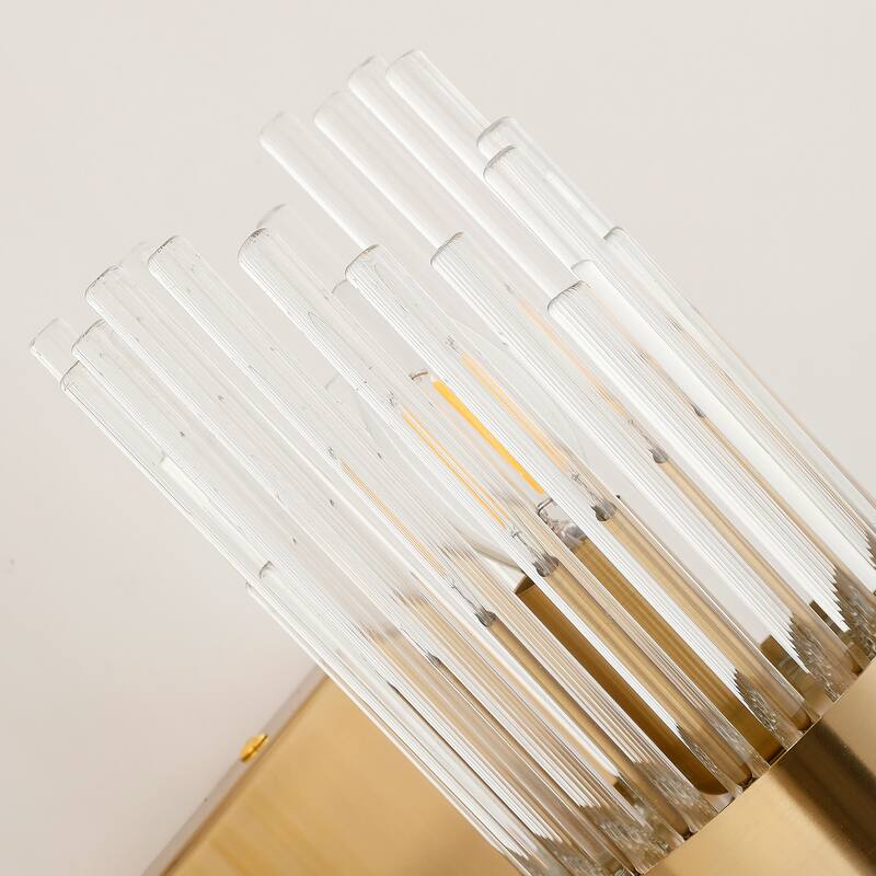2-Light Modern Brass Wall Sconce with Clear Ribbed Glass Shade