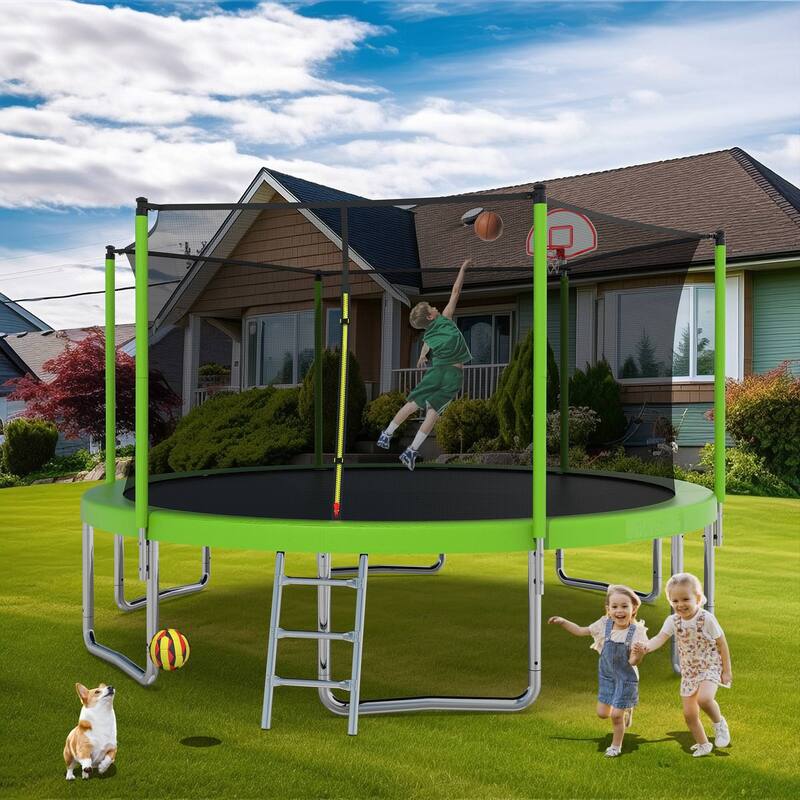 Outdoor Kids Trampoline with Basketball Hoop and Ladder, with Safety Enclosure for Backyard Fun