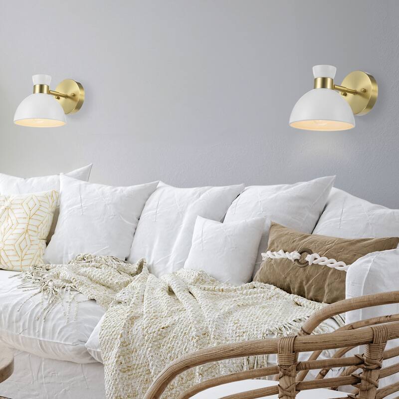 1-Light Matte Brass Plug-In or Hardwire Wall Sconce with Matte White Pivoting Metal Shade - 8.75"