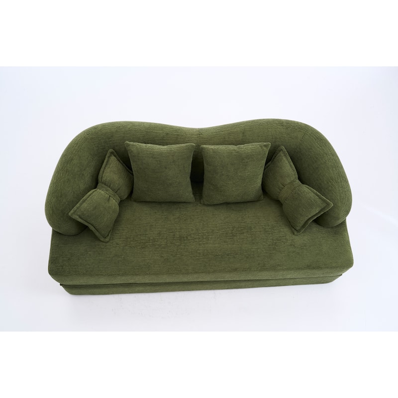 Modern 2-in-1 2-Seater Sofa Folding Sofa Bed with 4 Pillows, Chenille Fabric, for Apartment Living Rooms, Green