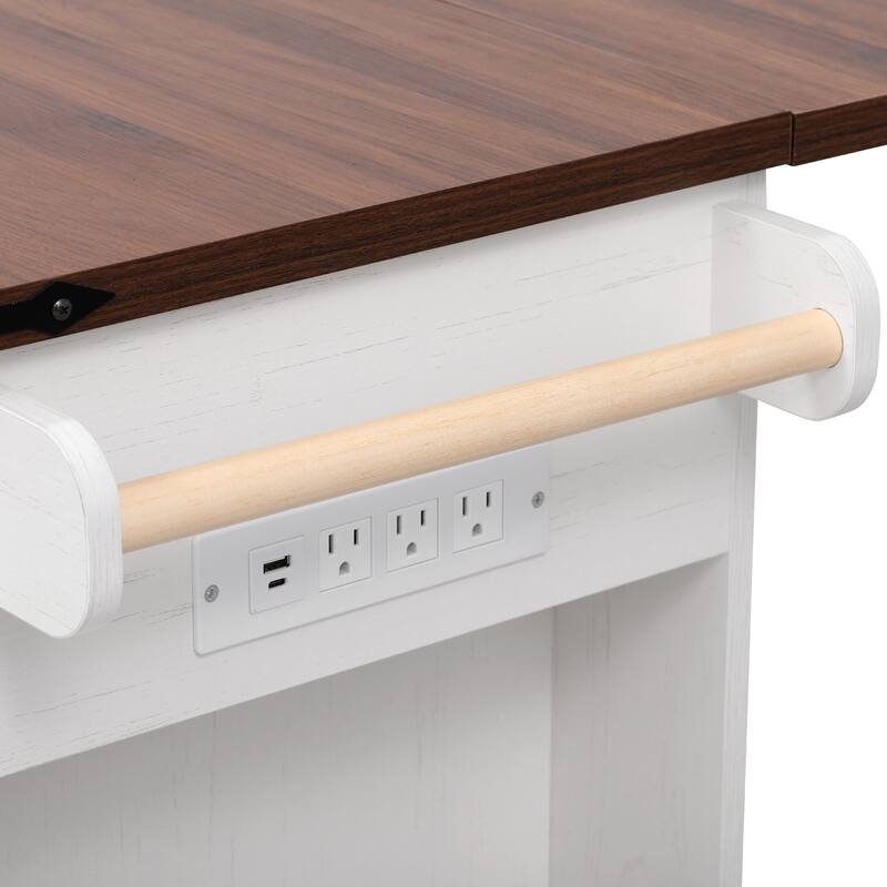 53'' Farmhouse Kitchen Island with Two Tempered Glass Cabinet Doors, Drop Leaf, 5 Open Side Racks and 3 Drawers