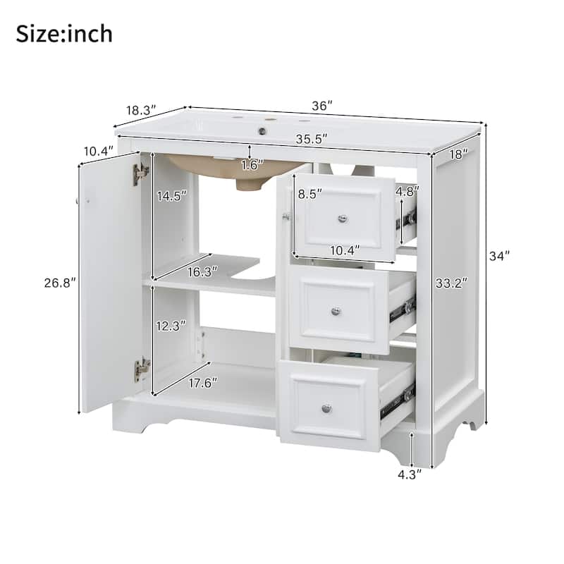 Roomfitters 36" Transitional Bathroom Vanity with Ceramic Sink, 2 Soft-Close Doors, Adjustable Shelf and 3 Drawers