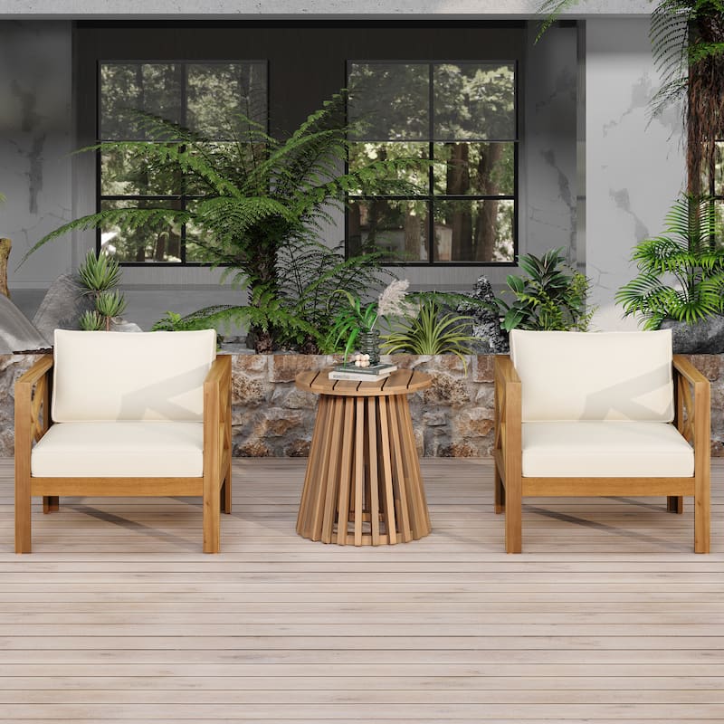 3 Piece Patio Conversation Set, Outdoor Wood Leisure Seat(Set of 2),Armchair with Cushions,Acacia Wood Patio Side Table - Beige,Light Teak
