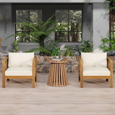 3 Piece Patio Conversation Set, Outdoor Wood Leisure Seat(Set of 2),Armchair with Cushions,Acacia Wood Patio Side Table