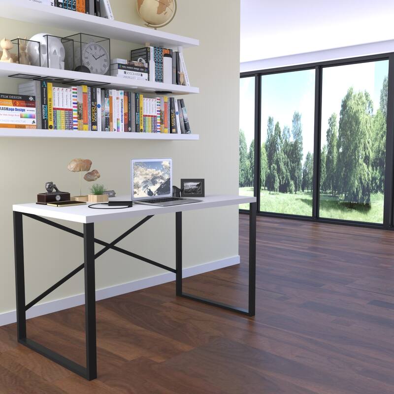 Modern Small Writing and Computer Desk with Sturdy Metal Frame and Solid Wood Top for Teen Rooms and Offices - White