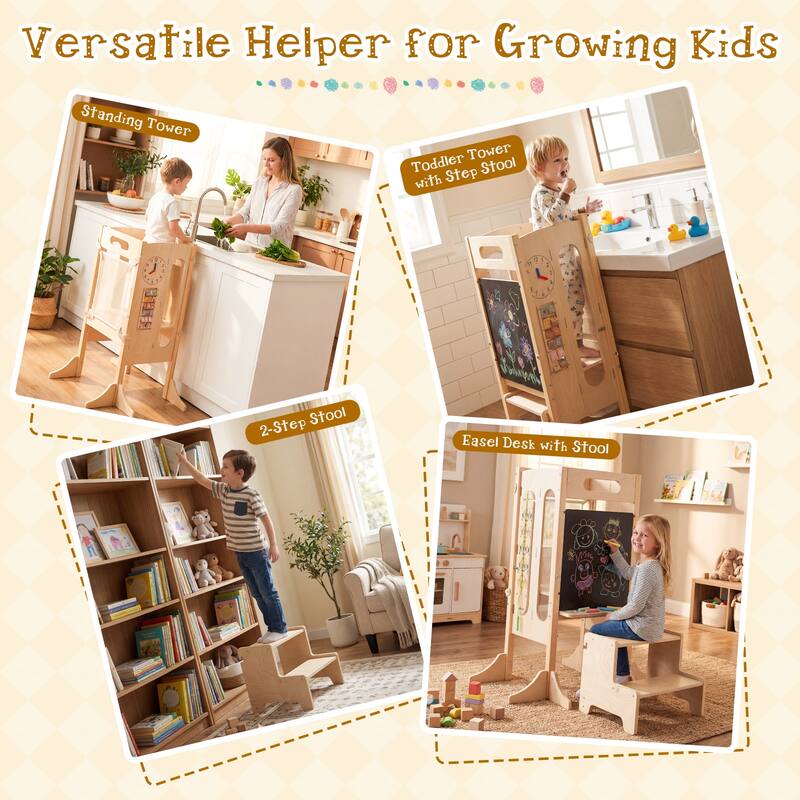 Gymax Toddler Kitchen Step Stool w/Chalkboard Detachable Safety Net