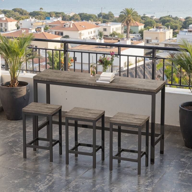 Sofa Side Table and Chair Set, Brown Gray Backless Dining Chairs with Metal Legs, Sturdy Dining Table Workbench with Metal Frame